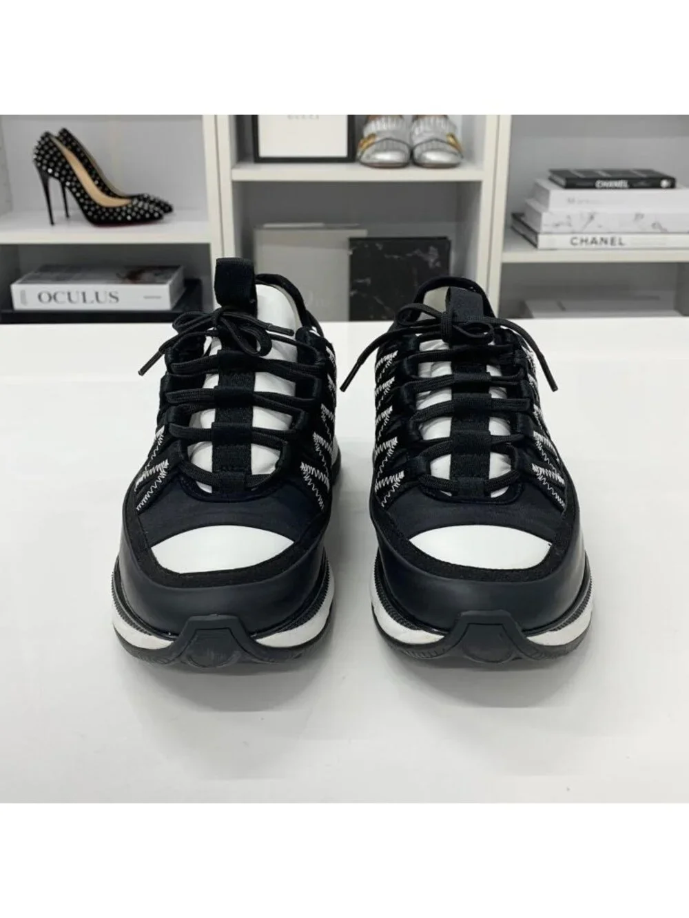 Chanel CC Logo Fabric Leather Sneakers Black White